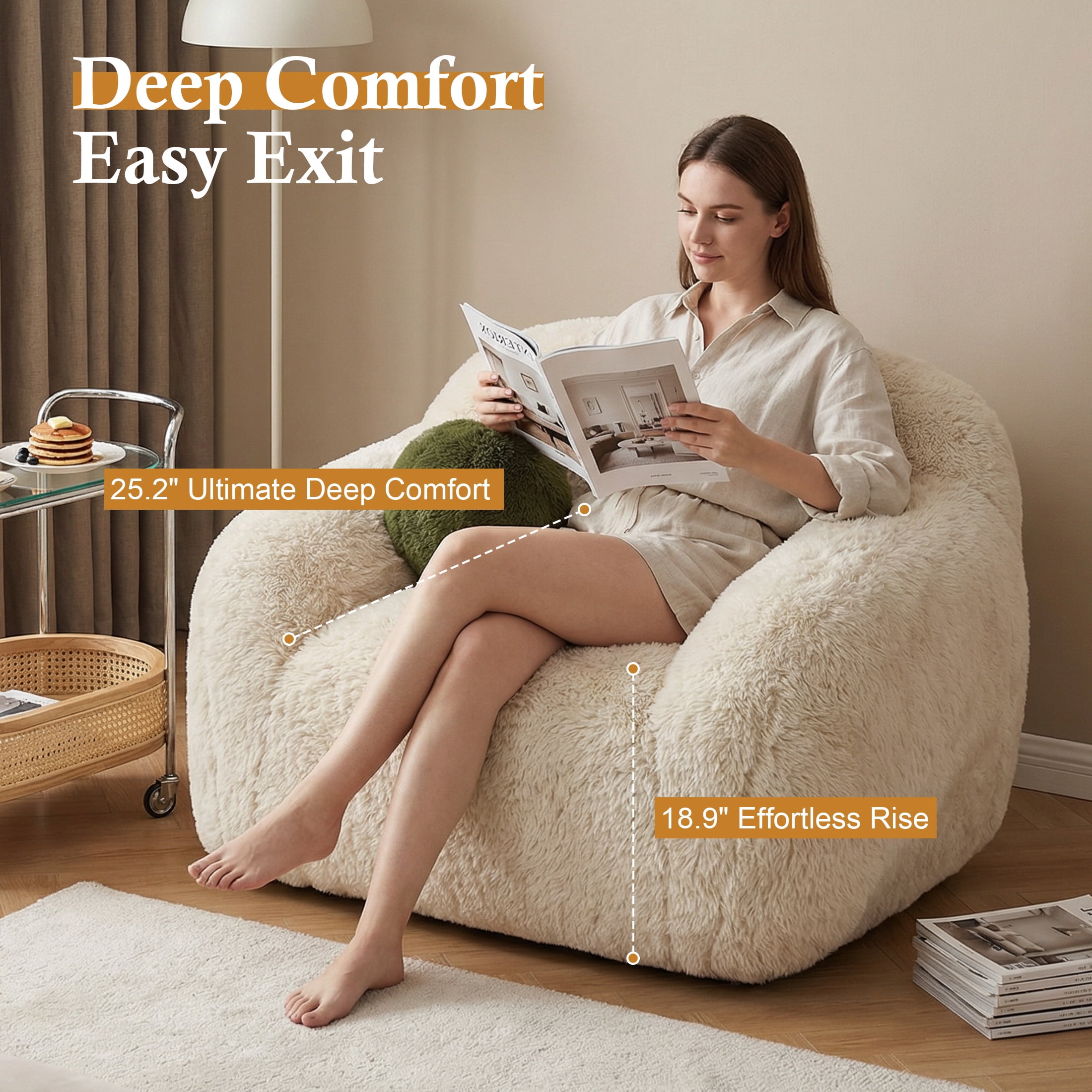 Aukfa Oversized 360° Swivel Sofa Chiar, 43.3" Plush Faux Fur Accent Chair with Ball Pillows, Beige