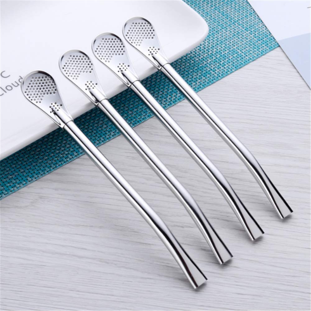 Stainless Steel Drinking Straws with Filter Spoon 6 Pcs Reusable Yerba Mate Tea Bombilla Drinking Straws with 2 Pcs Cleaning Brushes Set, 7.1inch/18CM Long - image 4 of 5