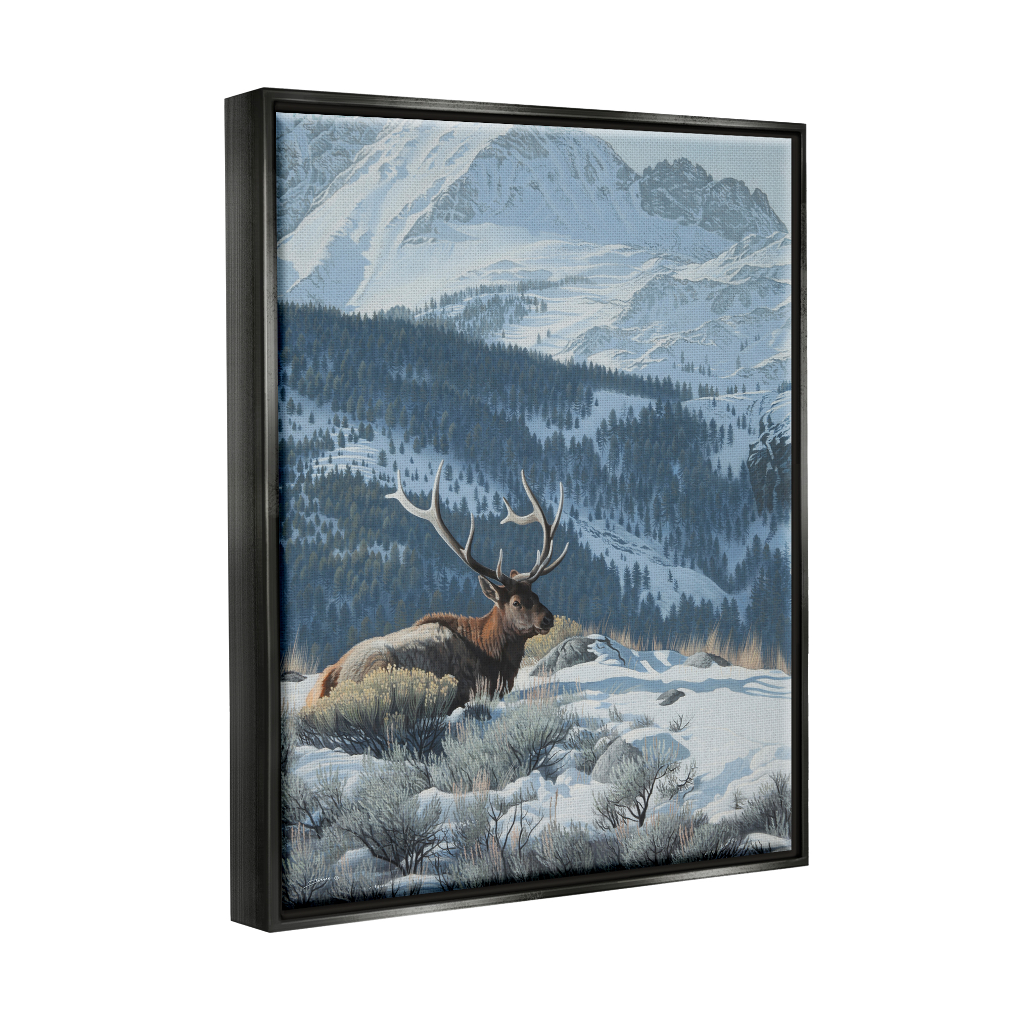 Stupell Industries Deer in Snowy Mountains Nature Painting Black Floater Framed Art Print Wall Art, 25 x 31