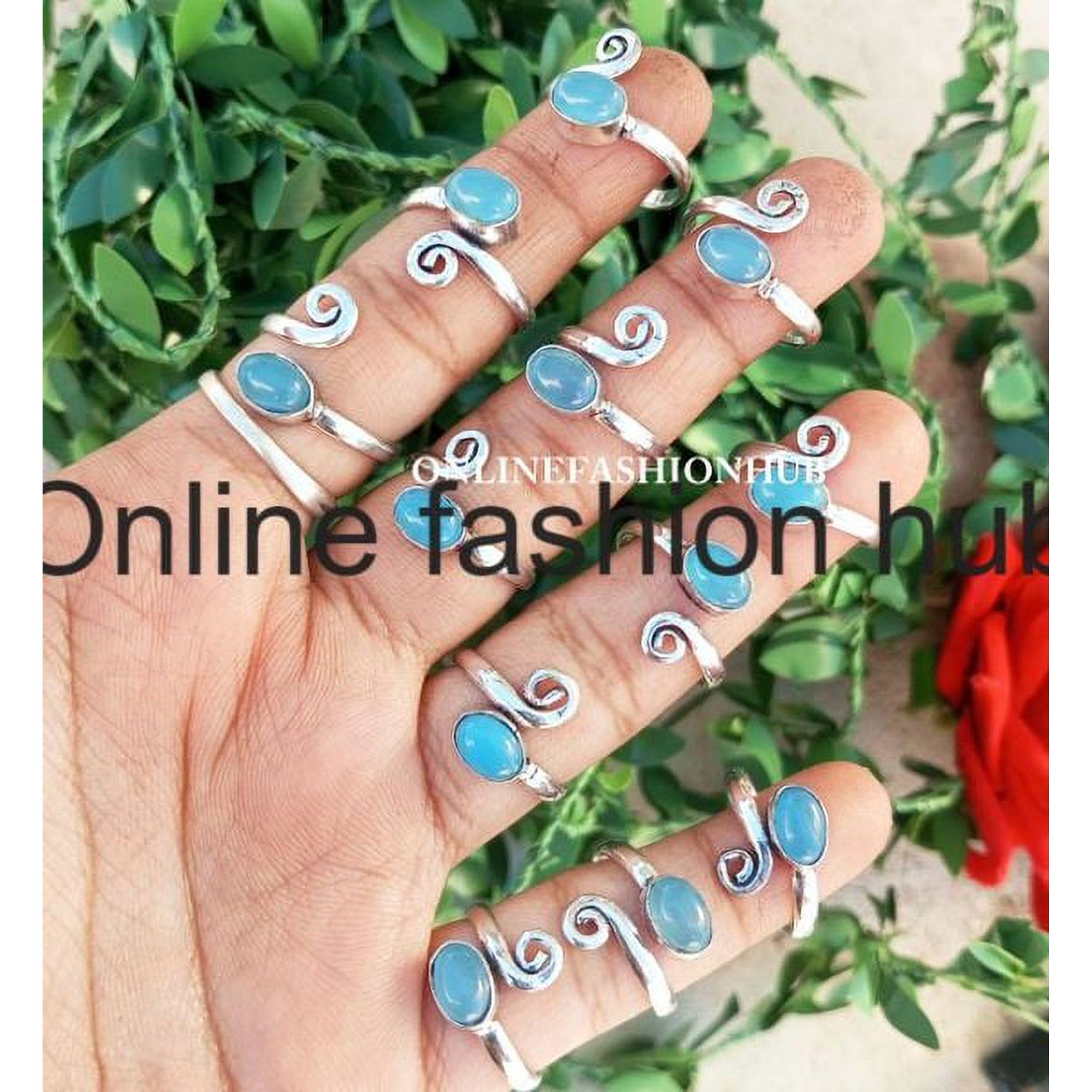 Chalcedony Gemstone 925 Sterling Silver Plated Handmade 10pcs Ring