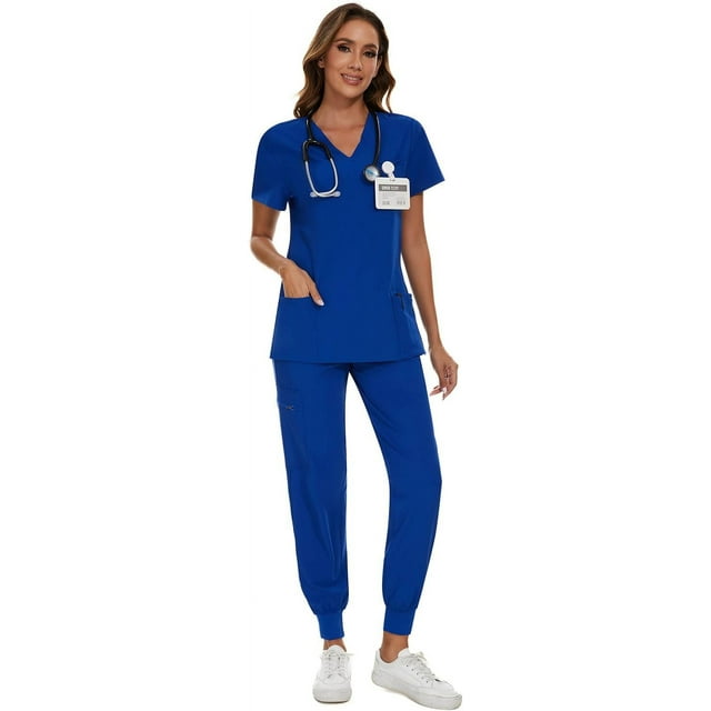 Scrubs for Women Set - Stretch V-Neck Scrub Top & Jogger Pant with 8 Pockets