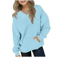 thumbnail image 3 of QIUOMBBP Kids V Neck Sweatshirt with Pocket Solid Casual Long Sleeve Shirts Loose Fitted Pullover Tops for Fall Winter Spring Light Blue, 3 of 9