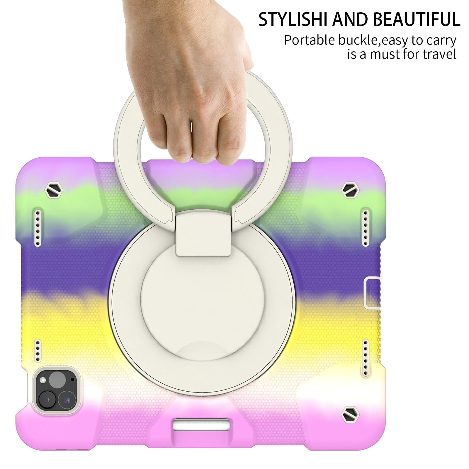 ELEHOLD Military Grade Shockproof Case For Apple iPad Air 11 (2024), Heavy Duty Protection Ring Stand Cover, Adjustable Angel, Detachable Shoulder Strap, Pencil Holder, Colorful Purple