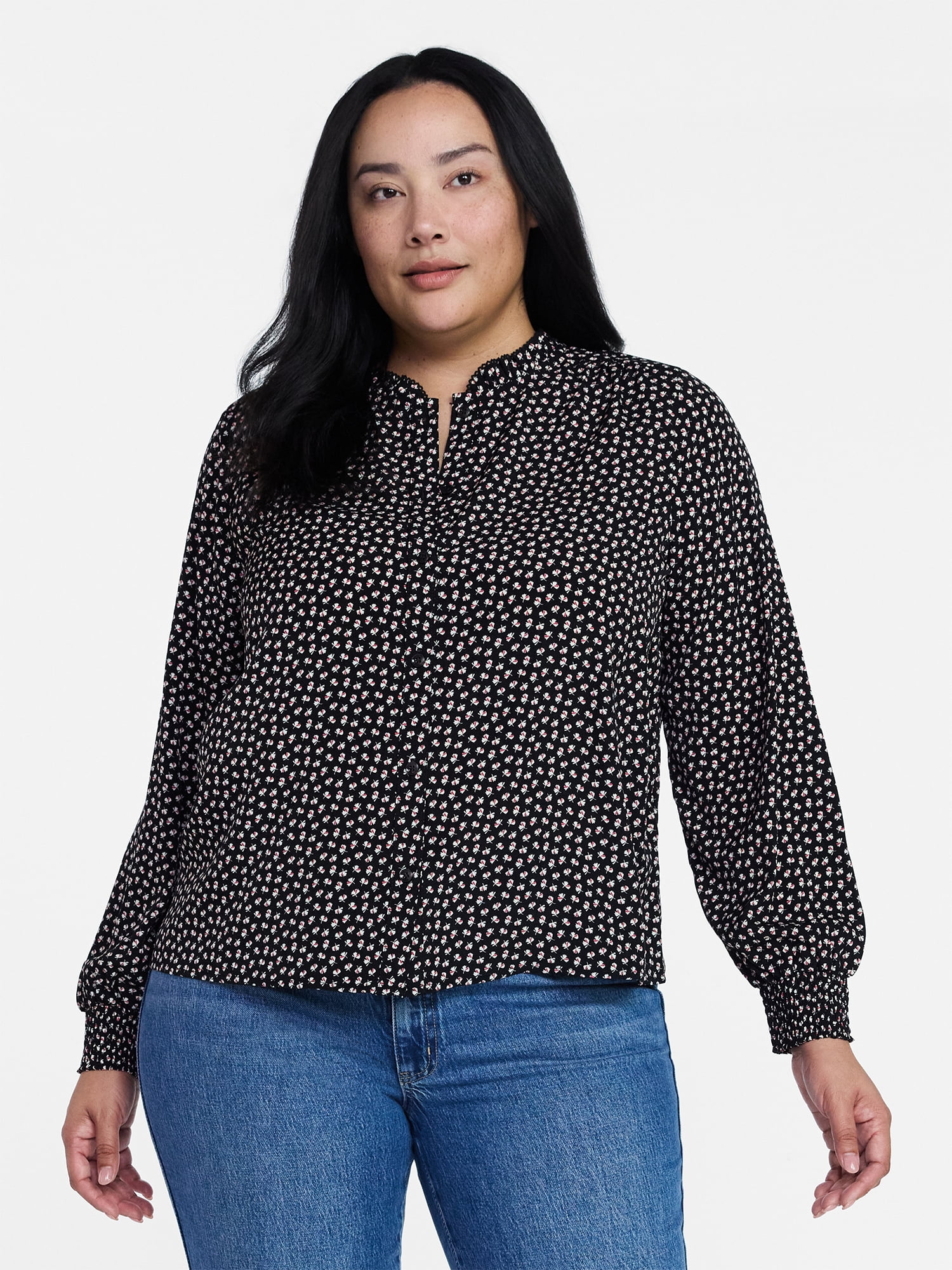 Time and Tru Women's Ruffle Button Down Blouse with Long Sleeves, Sizes XS-XXXL