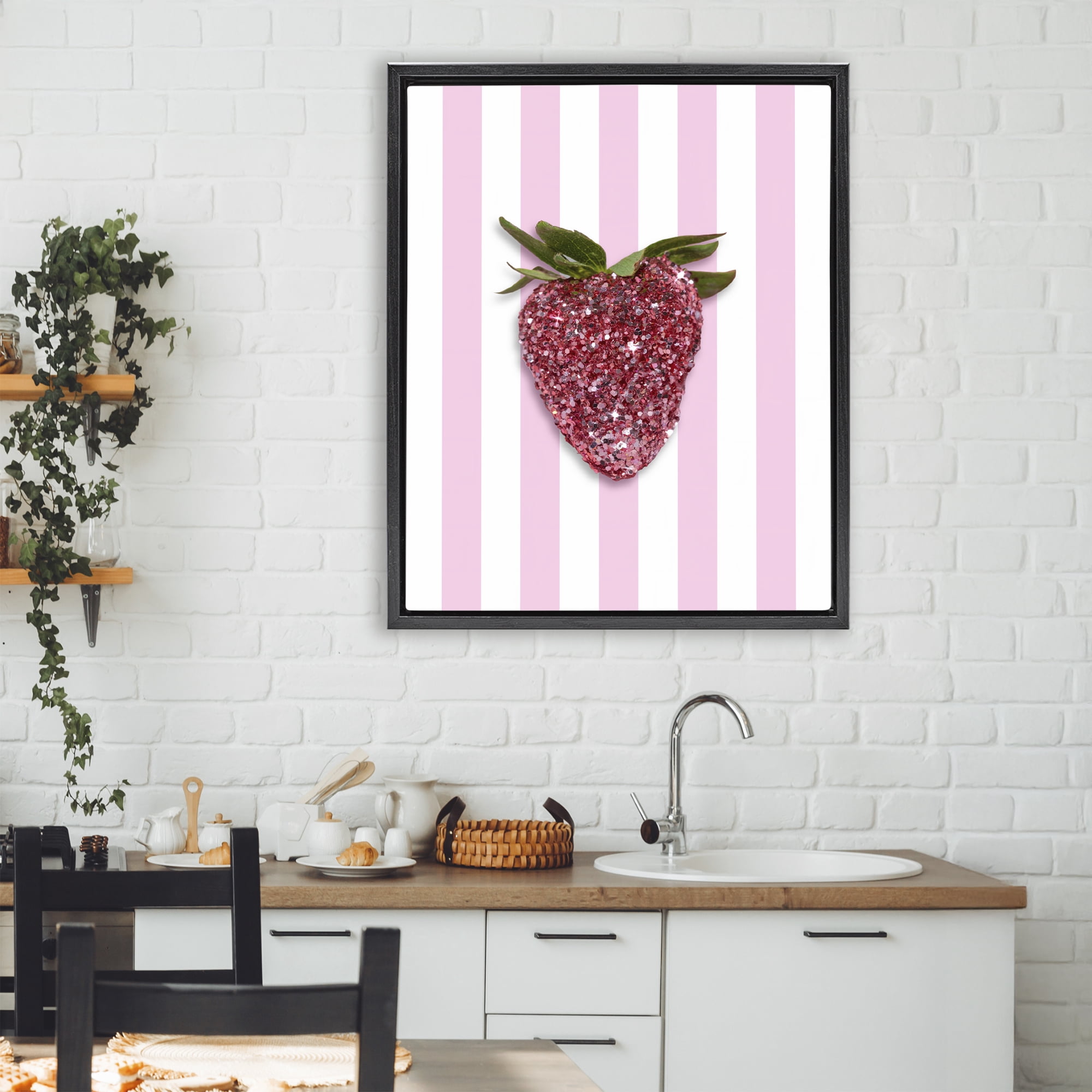 Stupell Industries Glimmer Strawberry on Green Stripes Black Framed Floater Canvas Wall Art, design by LISH Creative
