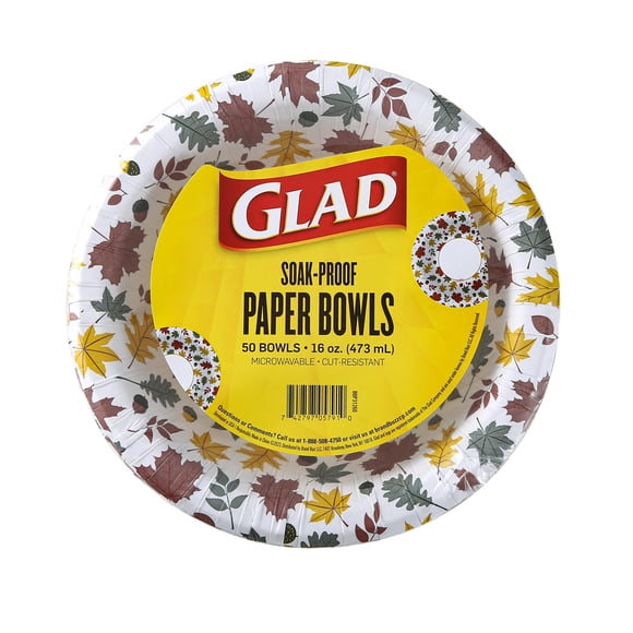 Glad Bols en Papier Jetables de Tous les Jours avec Motif de Feuillage Tombant / Résistants aux Coupures, Bols en Papier Micro-Ondables, Bols Jetables à Thème Automnal pour Usage Quotidien / 16 Onces, Lot de 50