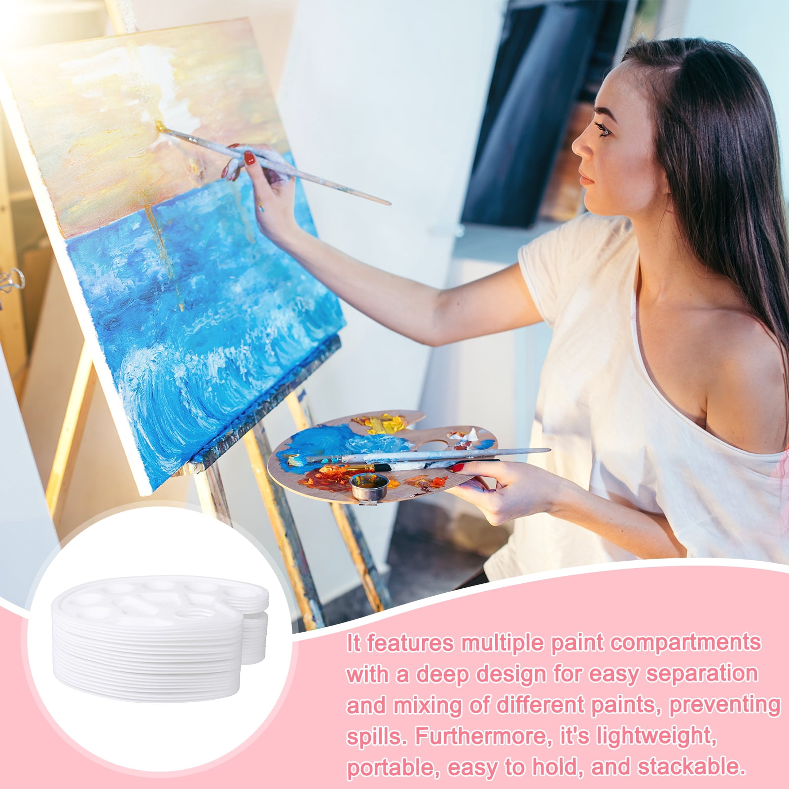 Uxcell Paint Tray Palette, Oval Plastic Watercolor Palette Painting Tray with Thumb Hole for DIY Craft Art Class Painting Party Supplies Paint Holder(White, Pack of 10)