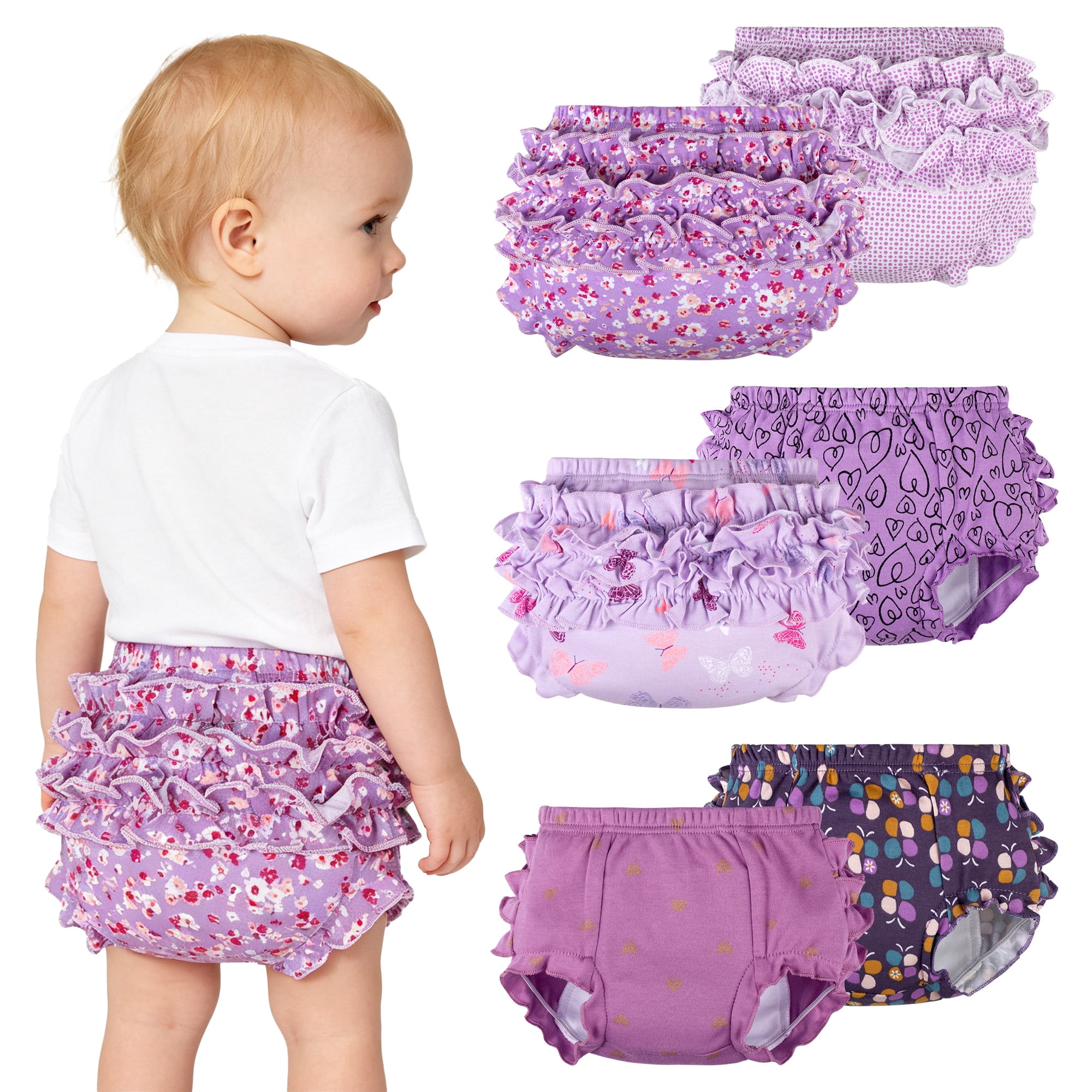 BIG ELEPHANT 6-Pack Toddler Girls Potty Training Pants – 100% Cotton Underwear, Ruffled Back, Stretchy & Comfortable, Purple, Size 5T