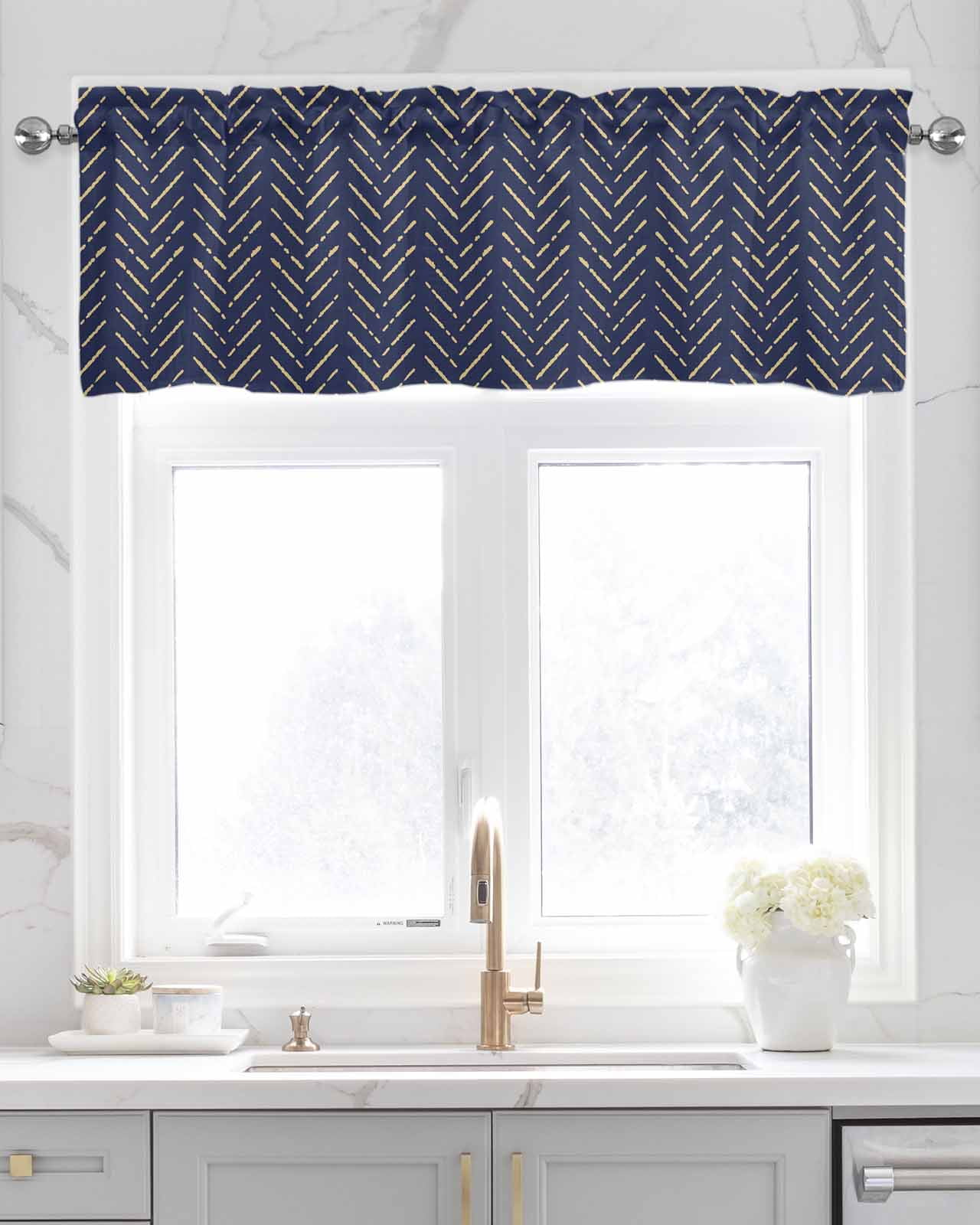 Navy Blue Gold Striped Linen Curtain Valance for Bedroom/Bathroom/Kitchen/Living/Dining Room Window,Contemporary Minimalist Boho Geometric Pocket Topper Drapes Decorative Cafe Drapery Panel 60"x18"