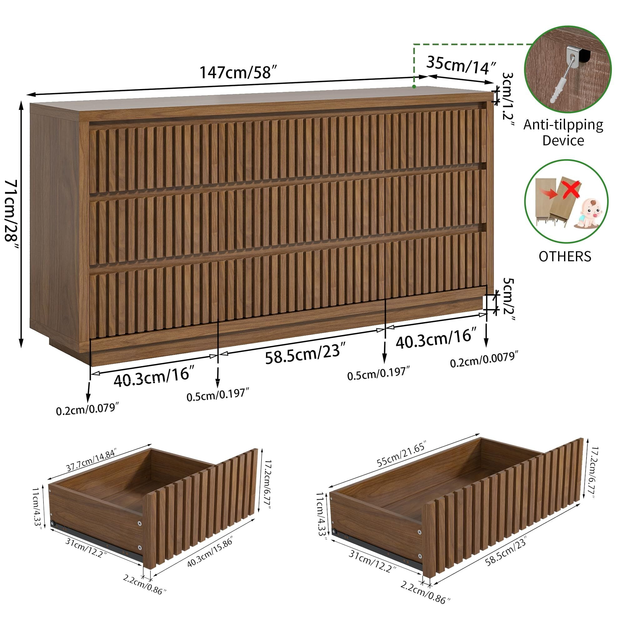 Fluted Long 9-Drawer Dresser, 58'' Mid Century Wood Chest of Drawers, Large Bedroom Clothes Organizer & Walnut TV Stand