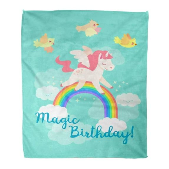 SIDONKU Flannel Throw Blanket Fairytale Happy Birthday Flying Unicorn in Yellow Birds Rainbow and Clouds Cute Pegasus Cartoon 50x60 Inch Lightweight Cozy Plush Fluffy Warm Fuzzy Soft
