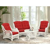 Malibu Set of 2 Natural Rattan Wicker  Lounge Chairs, Loveseat w/Burgundy Cushion and Coffee Table w/Glass, White Color