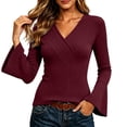 thumbnail image 4 of CQONEPT Womens Ribbed Knit Bell Sleeve Tops Plain Slim Fit V Neck Blouses Dressy Casual Going Out Shirt Tees Daily Wear Work Office Fall Outfits S, 4 of 7