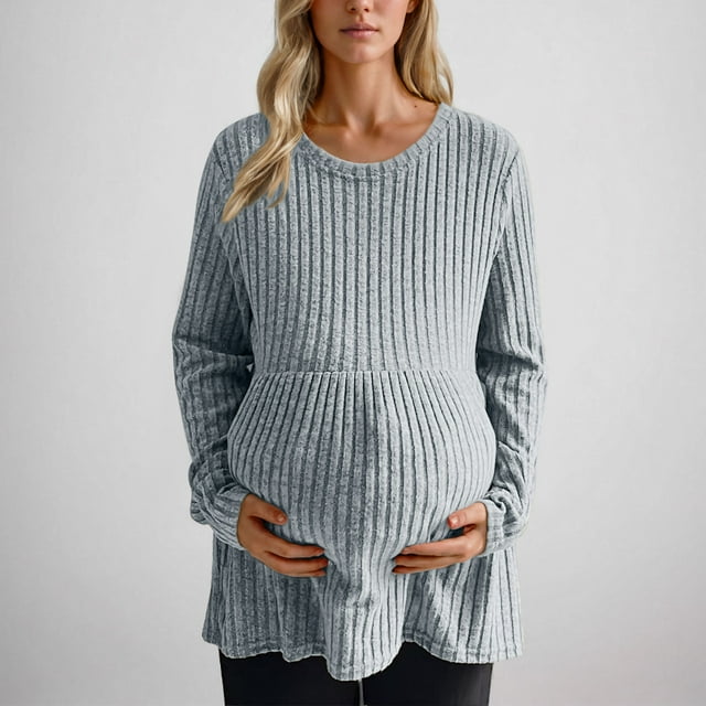 FcBaudy Hauts pour Femmes, Chemisiers et Chemises à Manches Longues à Col Rond, Chemises pour Femmes Haut Uni pour Femmes Enceintes Vêtements pour Femmes Chandail Tricoté à Rayures Haut Femme Haut en polyester