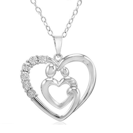 Amanda Rose Mother and Child Diamond Heart Pendant in Sterling Silver on an 18 inch chain