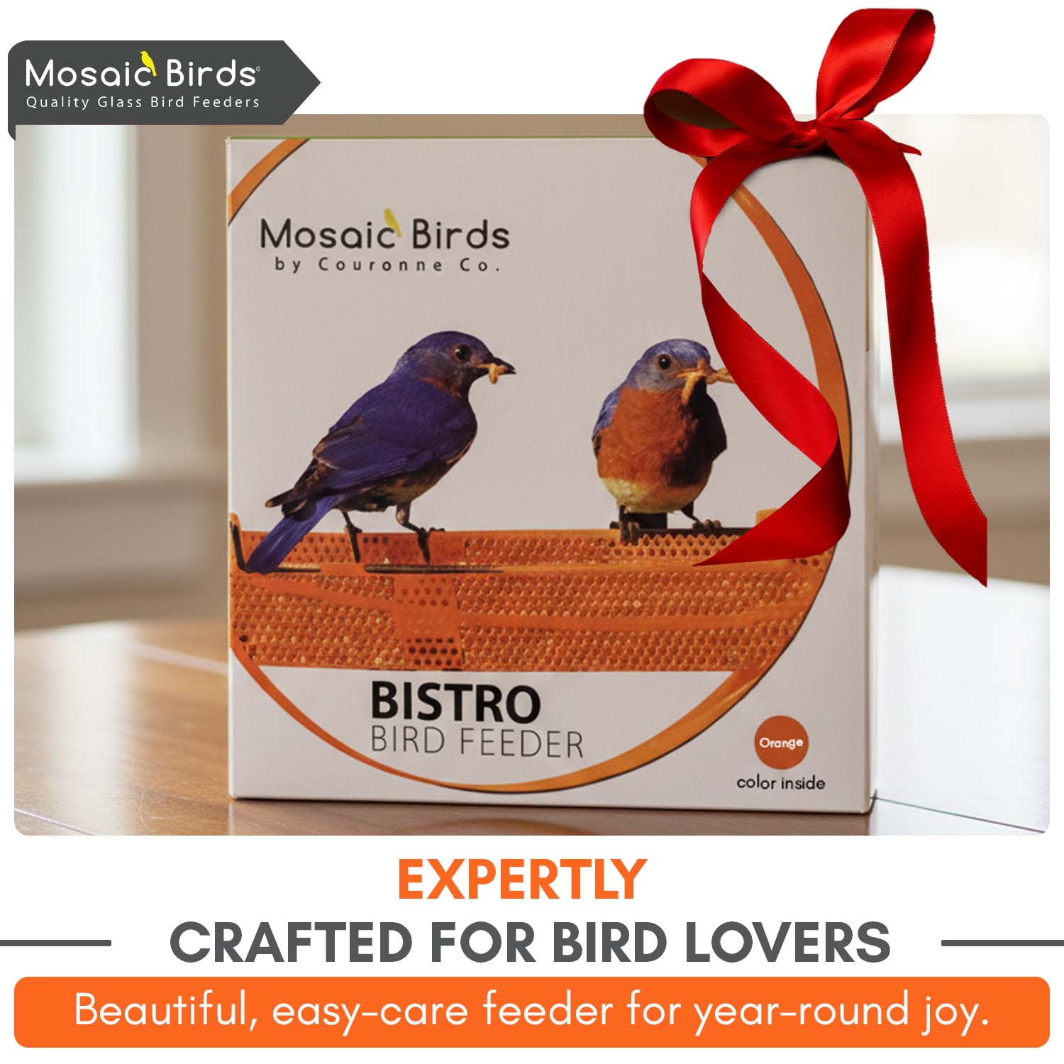 Mosaic Birds Bistro Bird Feeder - Premium Metal Bird Feeder, Chew-Proof, Weather & Water Resistant, 16.9oz, 1 Piece, Orange