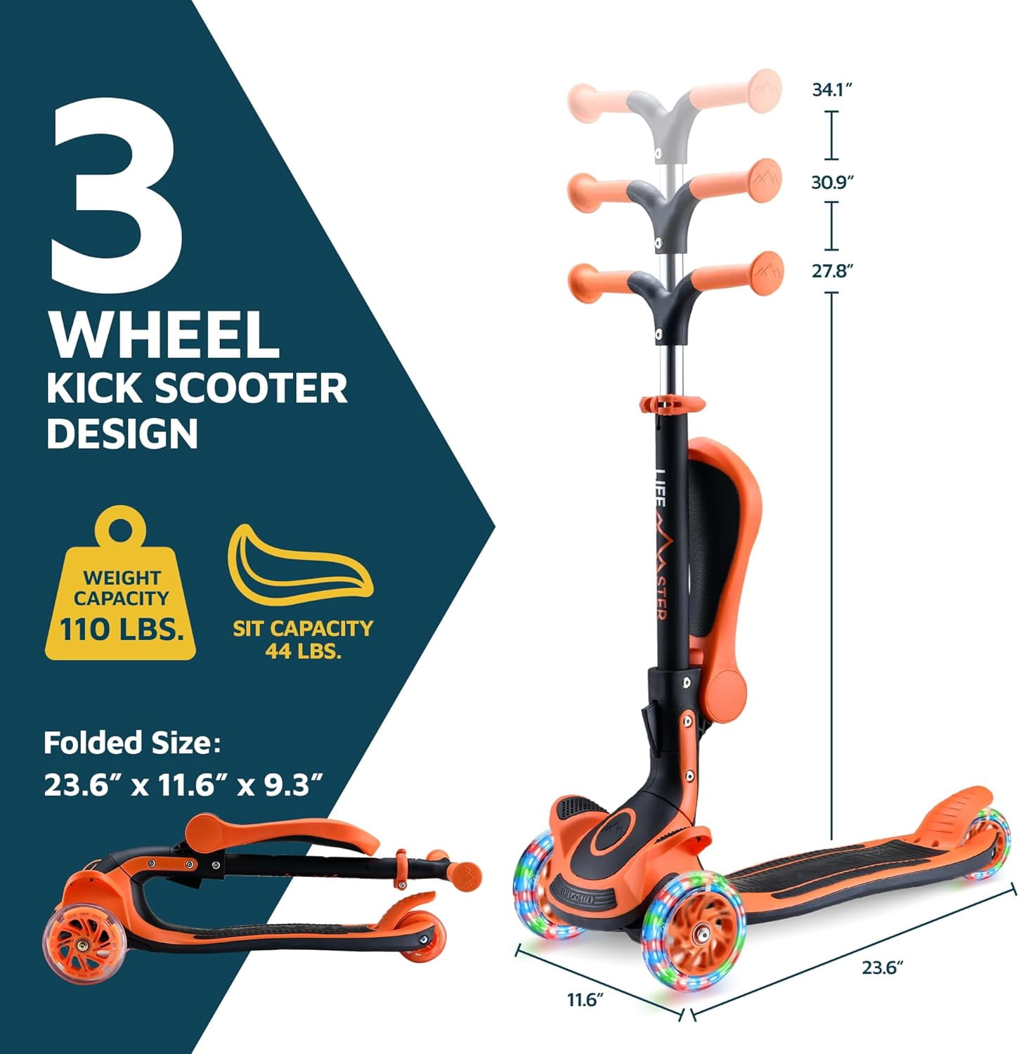 Lifemaster 3 Wheel Kids Scooter with Foldable Seat, Adjustable Handlebar, Lean-to-Steer LED Light-Up Wheels, Wide Anti-Slip Deck for Ages 2+