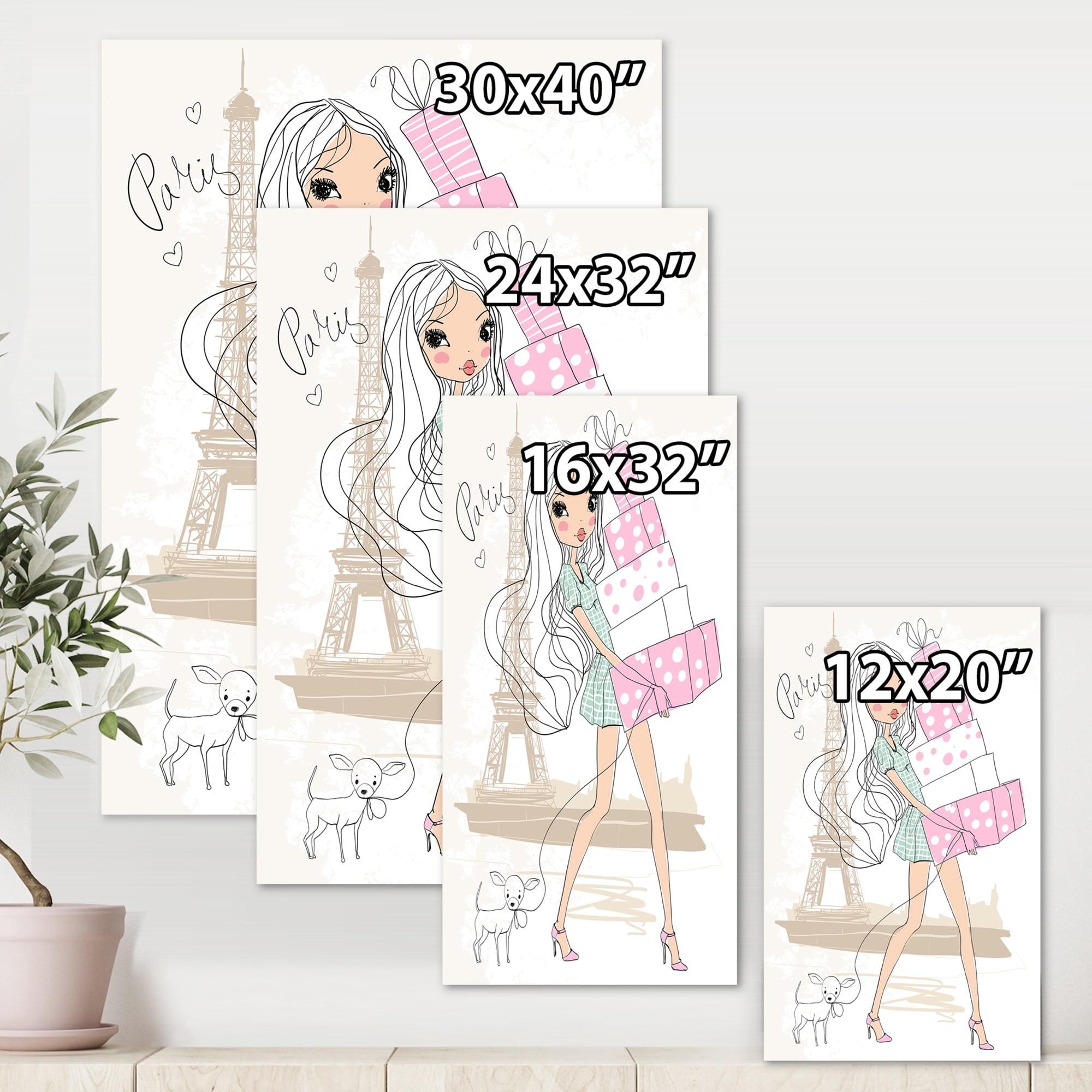 Designart ' Young Woman With Shopping Boxes In Paris ' Shabby Chic Canvas Wall Art Print
