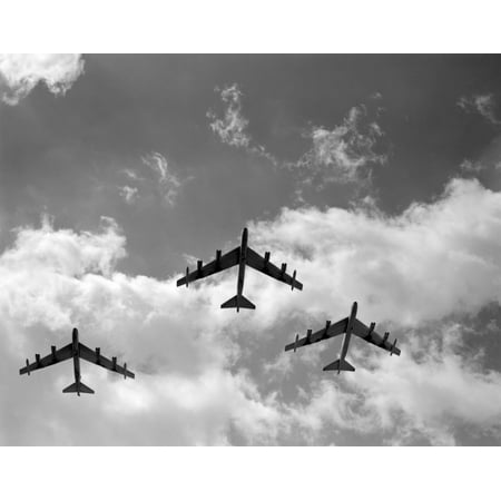 B-52 Stratofortress Bomber (1950s Three B-52 Stratofortress Bomber Airplanes In Flight Formation As Seen From The Ground Directly Over Head Print)
