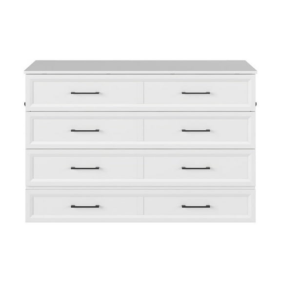 Pemberly Row Queen Wood Murphy Bed Chest with Mattress Drawer & Charger in White