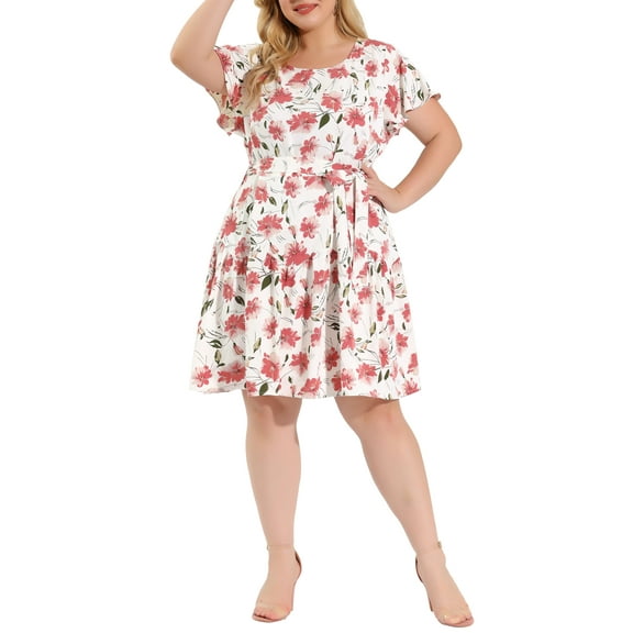 Agnes Orinda Women's Plus Size Short Sleeve Tie Waist Floral Dress 2X White