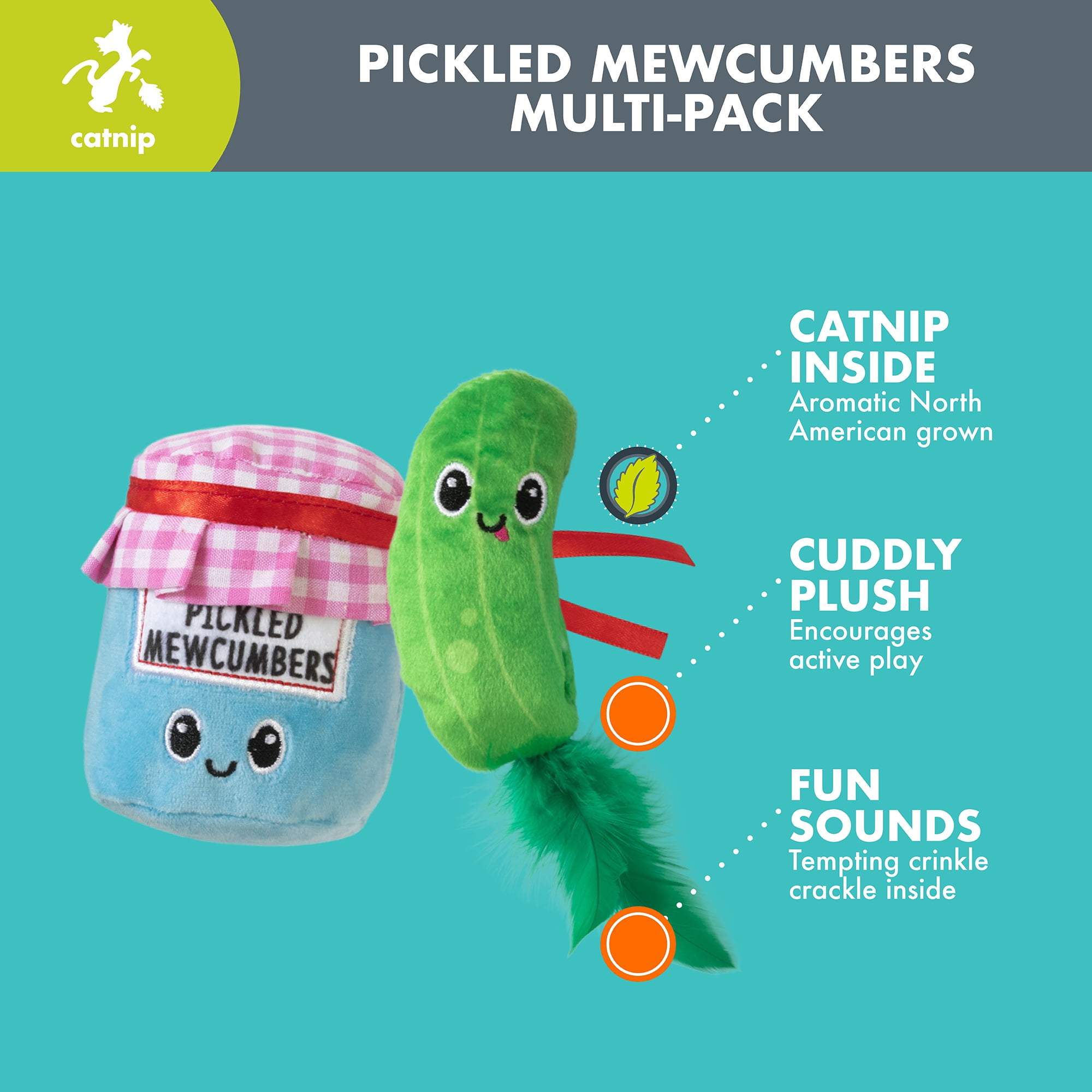 Quirky Kitty Pickled Mewcumbers Catnip Interactive Plush Cat Toy, Multicolor, Pack of 2