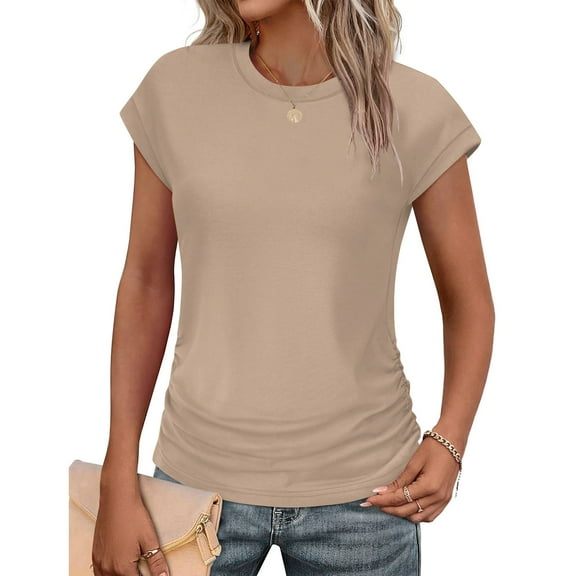Women's Casual T-Shirts Fashion Slim Blouses Solid Color Slim Soft Round Neck T-Shirt Summer Short Sleeve Loose Pullover Top(Khaki XXL)