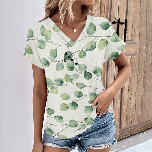 Fiudx Ofertas Relámpago Top/Camisa de Manga Corta con Cuello En V Plisado Estampado de Verano para Mujer