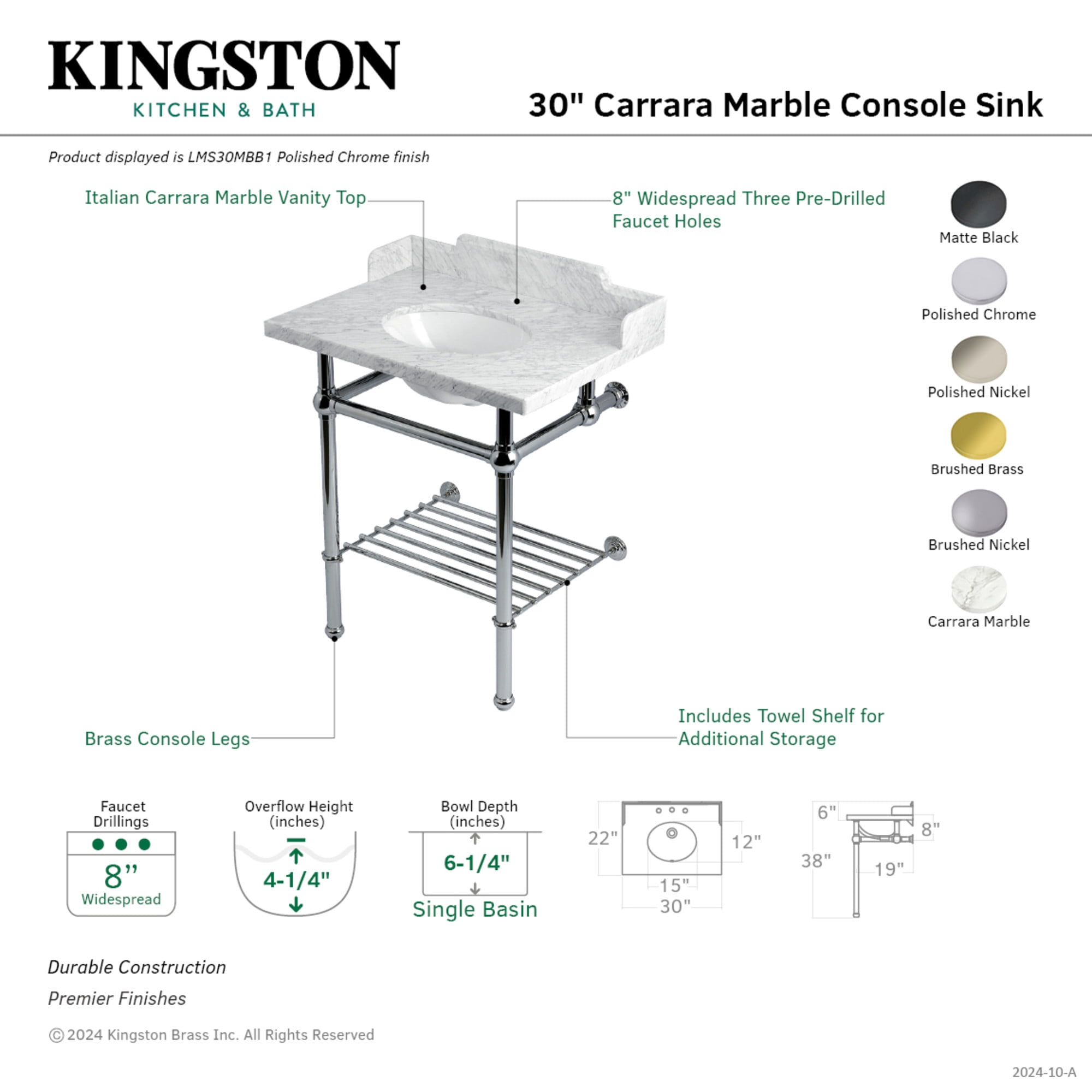 Kingston Brass LMS30MBB1 Pemberton 30" Carrara Marble Console Sink with Brass Legs and Shelf (8-Inch, 3-Hole), Carrara Marble White/Polished Chrome