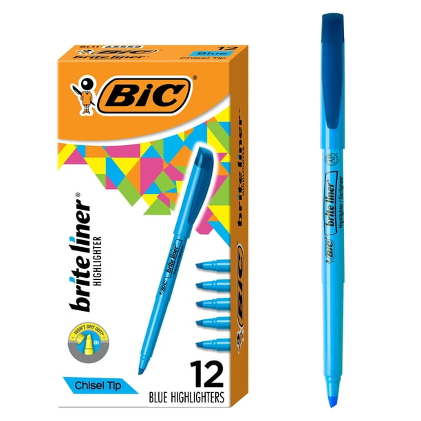 Iluminador BIC Brite Liner con punta cincel azul, paquete de 12 unidades