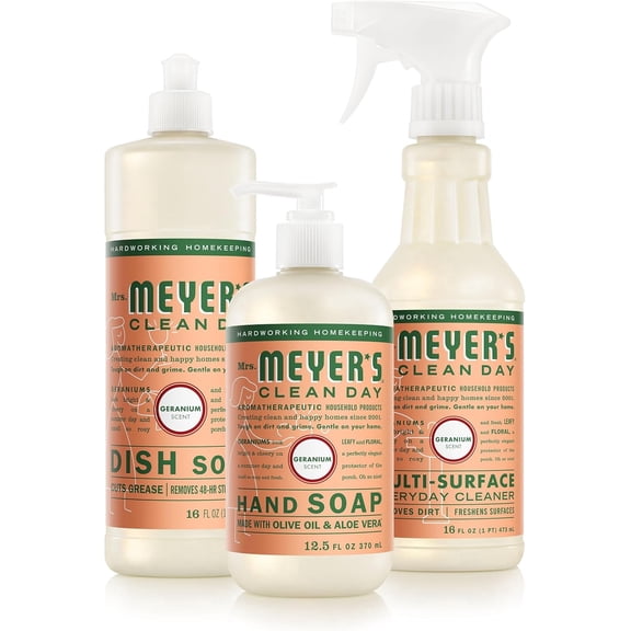 Mrs. Meyer’s Clean Day Kitchen Basics Set, Geranium Cleaning Supplies, 3 Count Pack