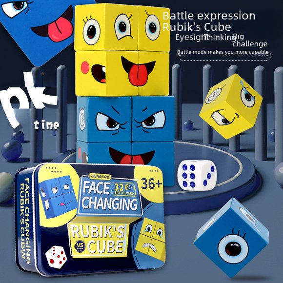 Eco-Friendly Beechwood Face-Changing Magic Cube: 4-Player Tabletop Battle Game for Kids 4-6, Educational Cognitive Training Toy with 72 Cards, 16 Blocks, Sturdy Iron Box (13x9.5x4cm), CECPC