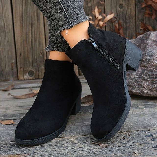 Lovzfmll Bottes à la Cheville pour Femmes, Cheville en Suède à Talon Bas Bout Rond, Bottines à Talon Bloc Moyen Bout Rond Décontractées d'Automne Bottes Noires