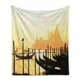 thumbnail image 1 of Venice Soft Flannel Fleece Blanket, Romantic Italian City at Sunrise Line of Gondolas Lagoon and Silhouette Image, Cozy Plush for Indoor and Outdoor Use, 70" x 90", Mustard and Black, by Ambesonne, 1 of 6