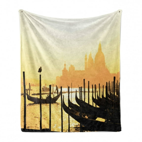 Venice Soft Flannel Fleece Blanket, Romantic Italian City at Sunrise Line of Gondolas Lagoon and Silhouette Image, Cozy Plush for Indoor and Outdoor Use, 60" x 80", Mustard and Black, by Ambesonne