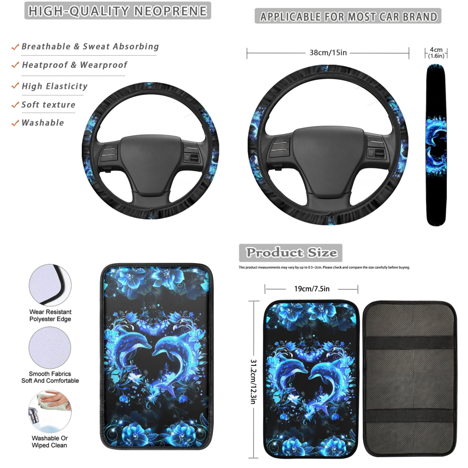 Yuyamidu Cute Dolphin Car Seat Covers Full Set with Steering Wheel Cover Blue Hibiscus Safe Belt Pads Coasters Key Chain Car Center Console Cover, Set of 13