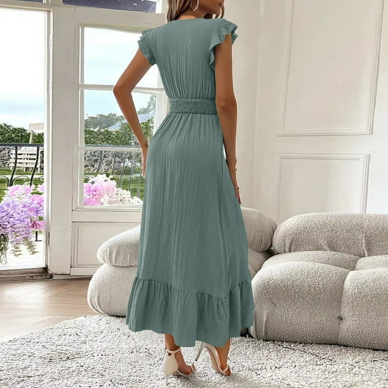 Womens Party Dress, Casual High Waisted V Neck A Line Ruffle Sleeve Loose  Maxi Sundress With Pockets For Beach Vacation Wedding Guest Graduation Dress  Off The Dress Romper (M, Light Green) ZMTing -