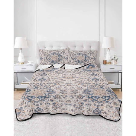 Quilts Twin XL Size Vintage Blue Boho Soft Comforter Bedding Set for Bed Mexican Flowers Southwestern Ethnic Lightweight Quilted Bedspread with Pillow Cover(2 Pieces) for All Season 68x98 Inch