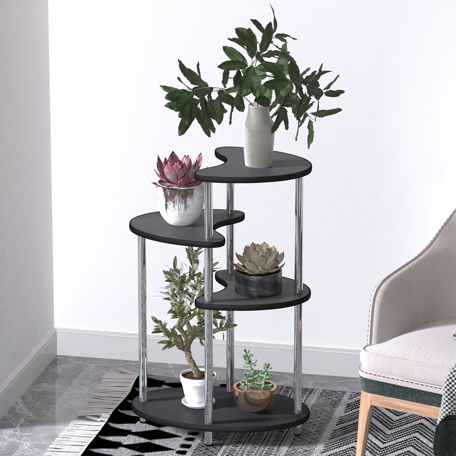 36" 4 Tiered Plant Stand Indoor Pot Planter Modern Accent Display Table, Oval Black