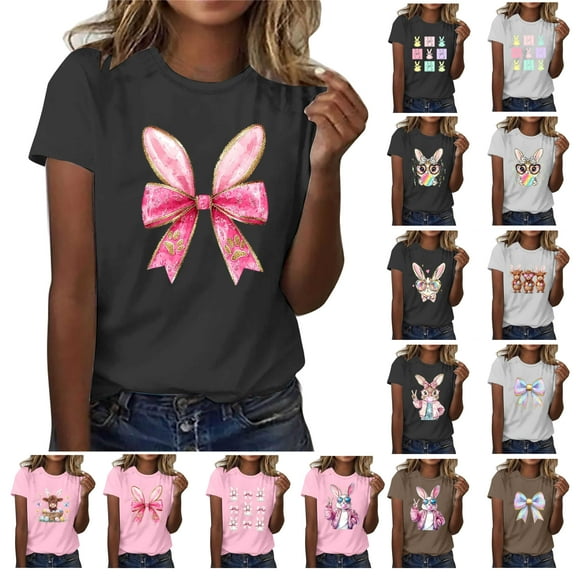 lcziwo Summer Savings Womens Happy Easter Shirts Funny Bunny Rabbit Graphic Tee Tops 2025 Fashion Print Short Sleeve T-Shirts Holiday Outfits Black L