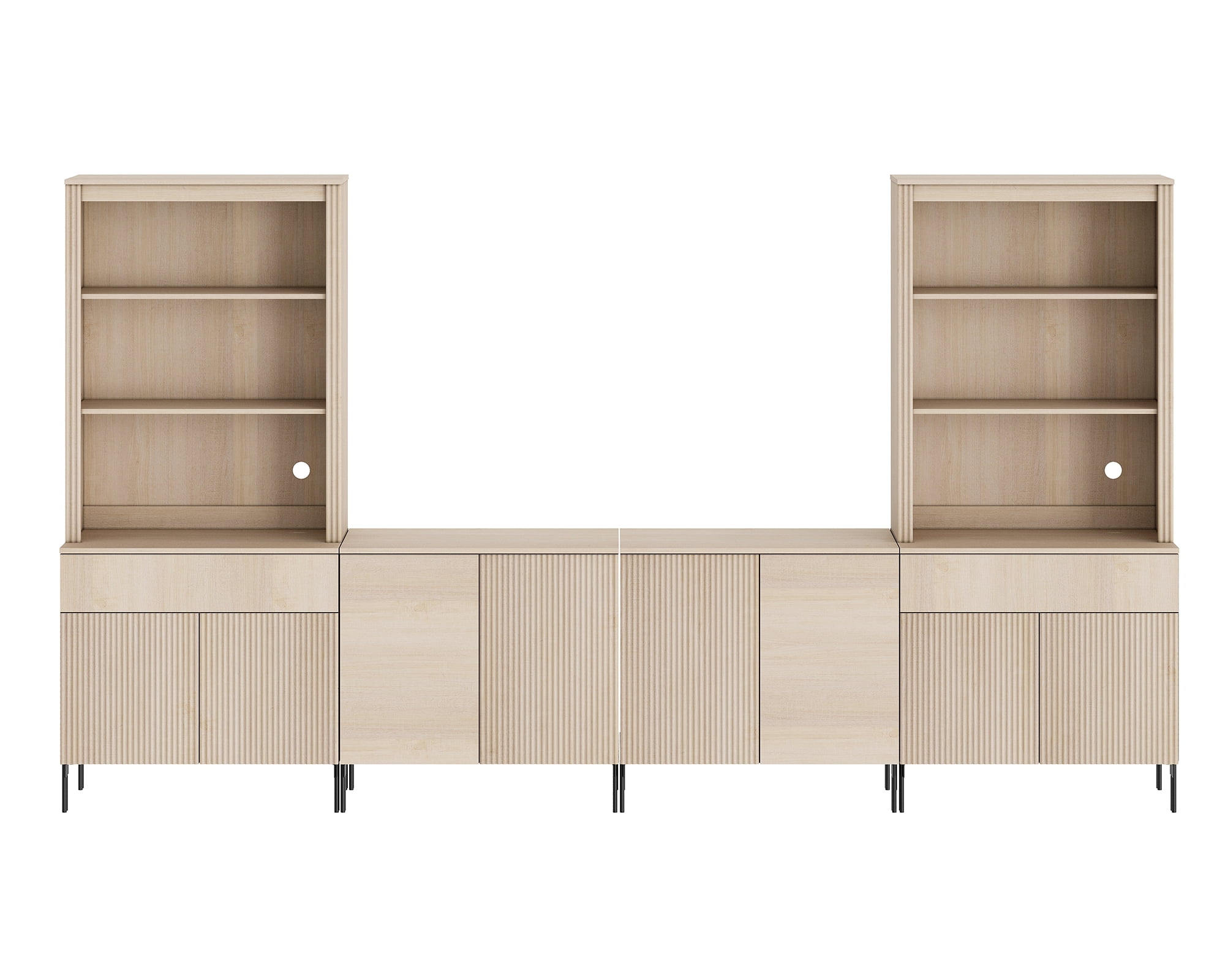 71.6"H X 126"W Set Of 4 Bookcase with Storage Cabinets, 14 Tier Bookshelf with Fluted Doors and Adjustable Shelves, Large Modern Display Cabinet with Drawers