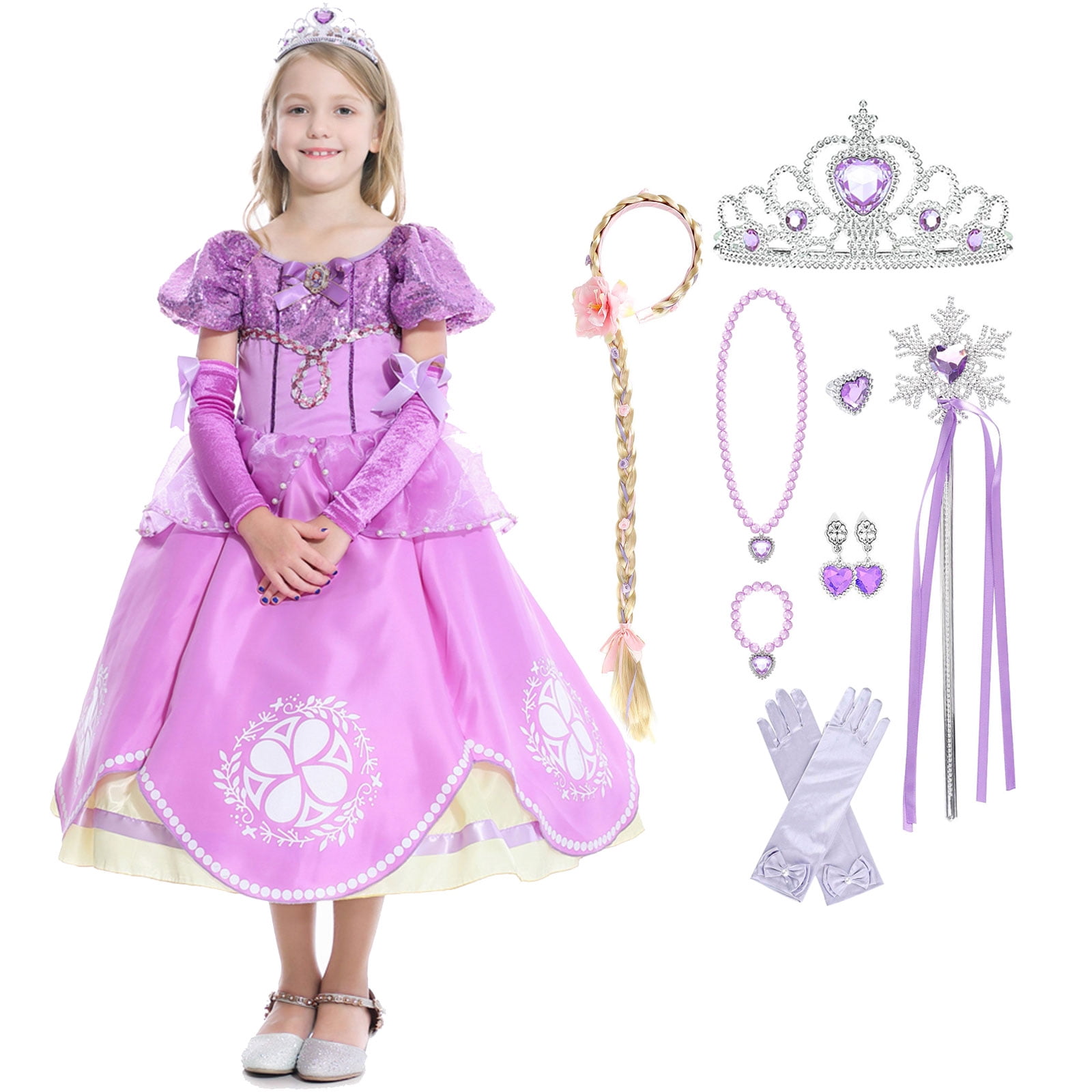 URAQT Déguisement, Robe Filles Costume, Costume Petites Filles Princesse Déguisement, Costume et Accessoires Noël Halloween Anniversaire Robe de Cosplay Couronne Baguette (100-150cm