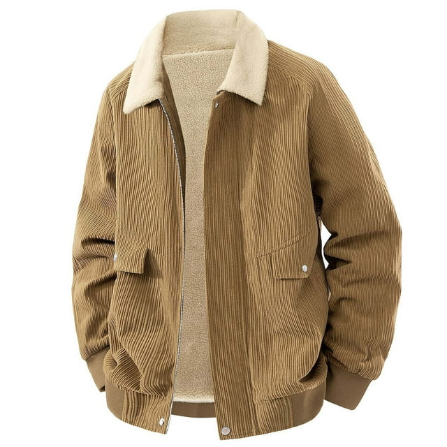 Veste en Velours Côtelé à Col Rabattu pour Hommes avec Poche à Pression, Épaissie en Polaire, Design à Poignets, Manches Longues Sans Capuche, Tenue Décontractée