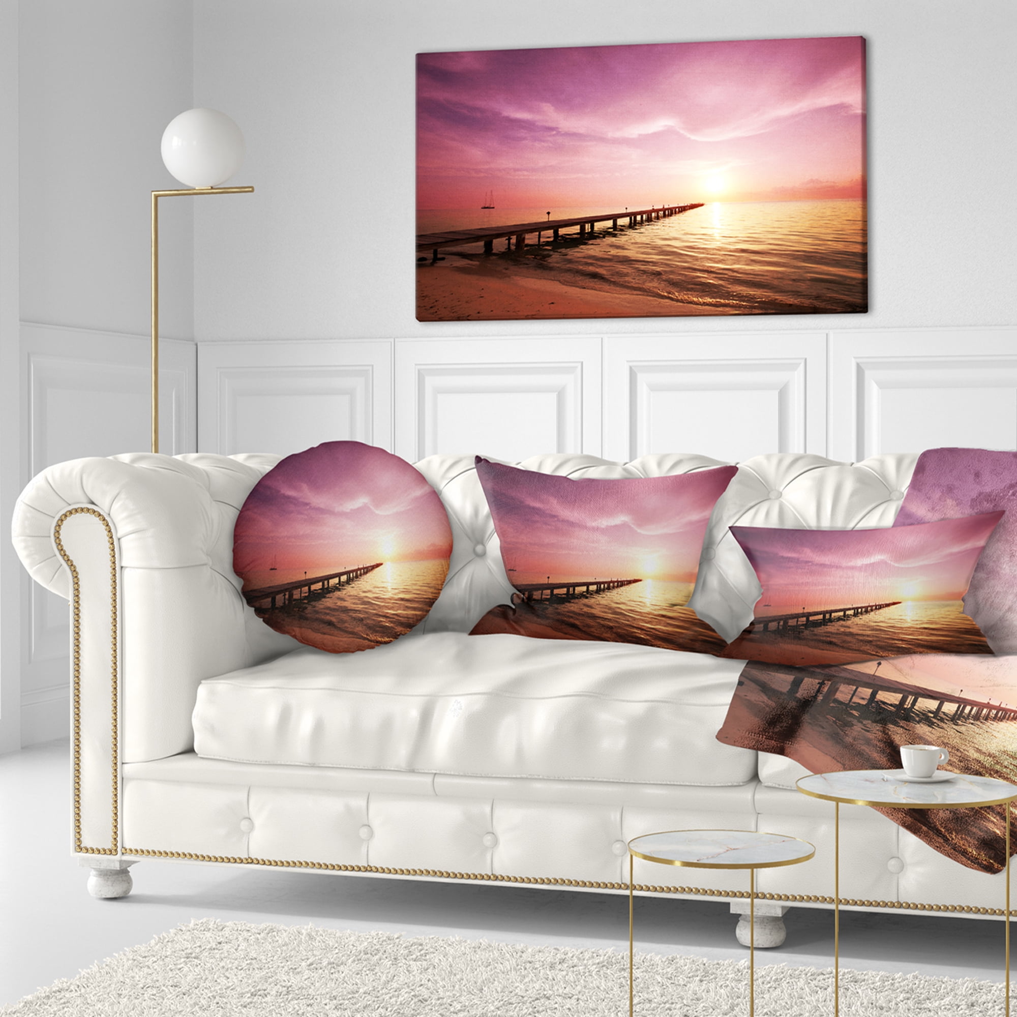 Designart Long Boardwalk into Sunset Sea - Bridge Throw Pillow - 12x20