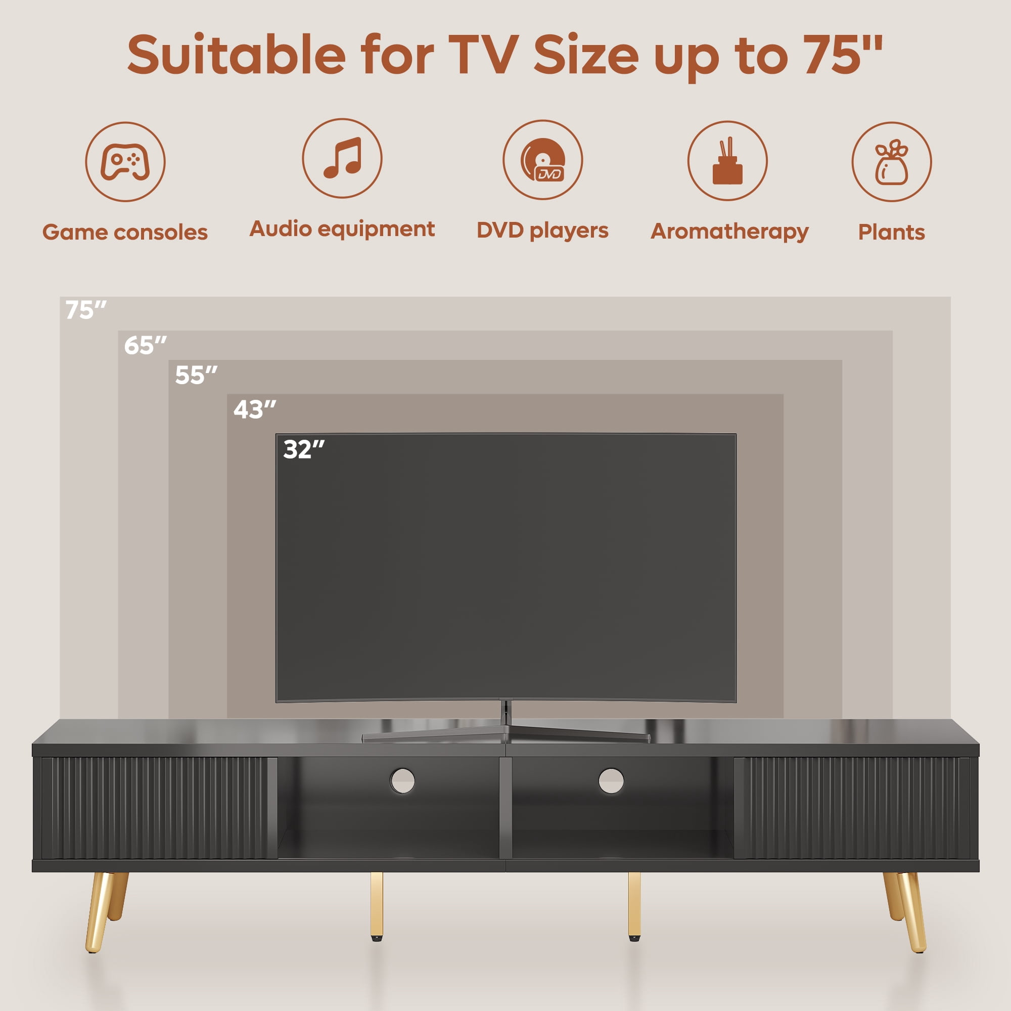 Bestier High Gloss TV Stand for 75 inch TVs, Modern Entertainment Center with Storage Cabinet, TV Console Table for Living Room,Black