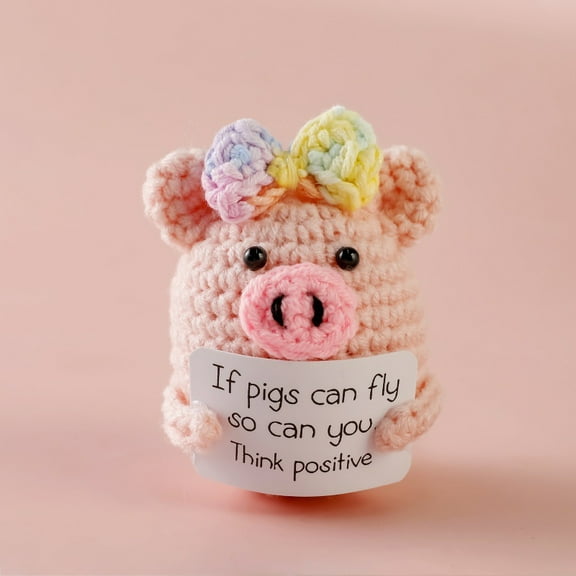 Handmade Emotional Support Bow Piggy , Positive Crochet Piggy Doll with Card, Inspirational Small Handmade Knitted, Funny Gift for Women Men Birthday Friends Coworkers, Office Decor