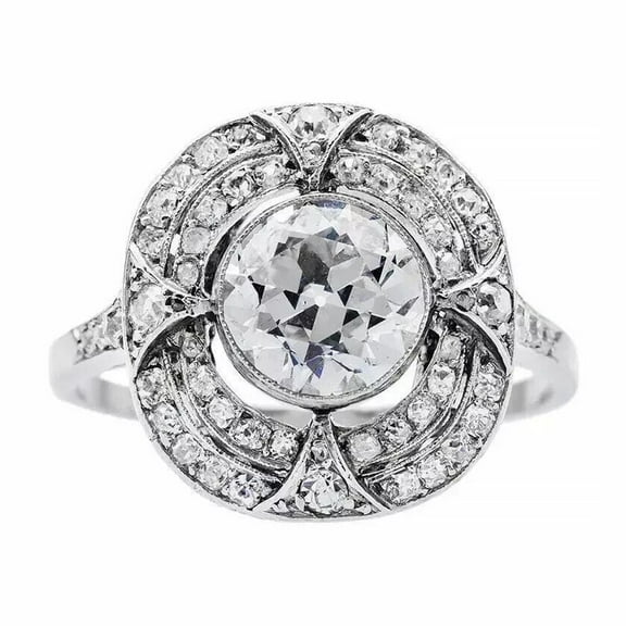 Double Halo Art Deco Promise Anniversary Ring, Women's Accents Engagement Ring, 2 Ct Round Brilliant Cut Simulated Diamond, 14K White Gold Plated, Milgrain Bezel Set Ring For Her Brithday Gift