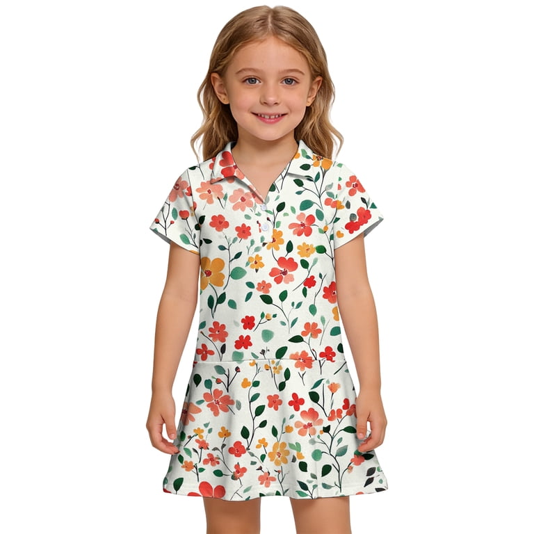 CCRFTGI Girls Polo Dress Size 8 Short Sleeve School Uniform Casual Floral Print Pleated Flare Skater Polo Dresses Summer Button Collared Picque Polo 