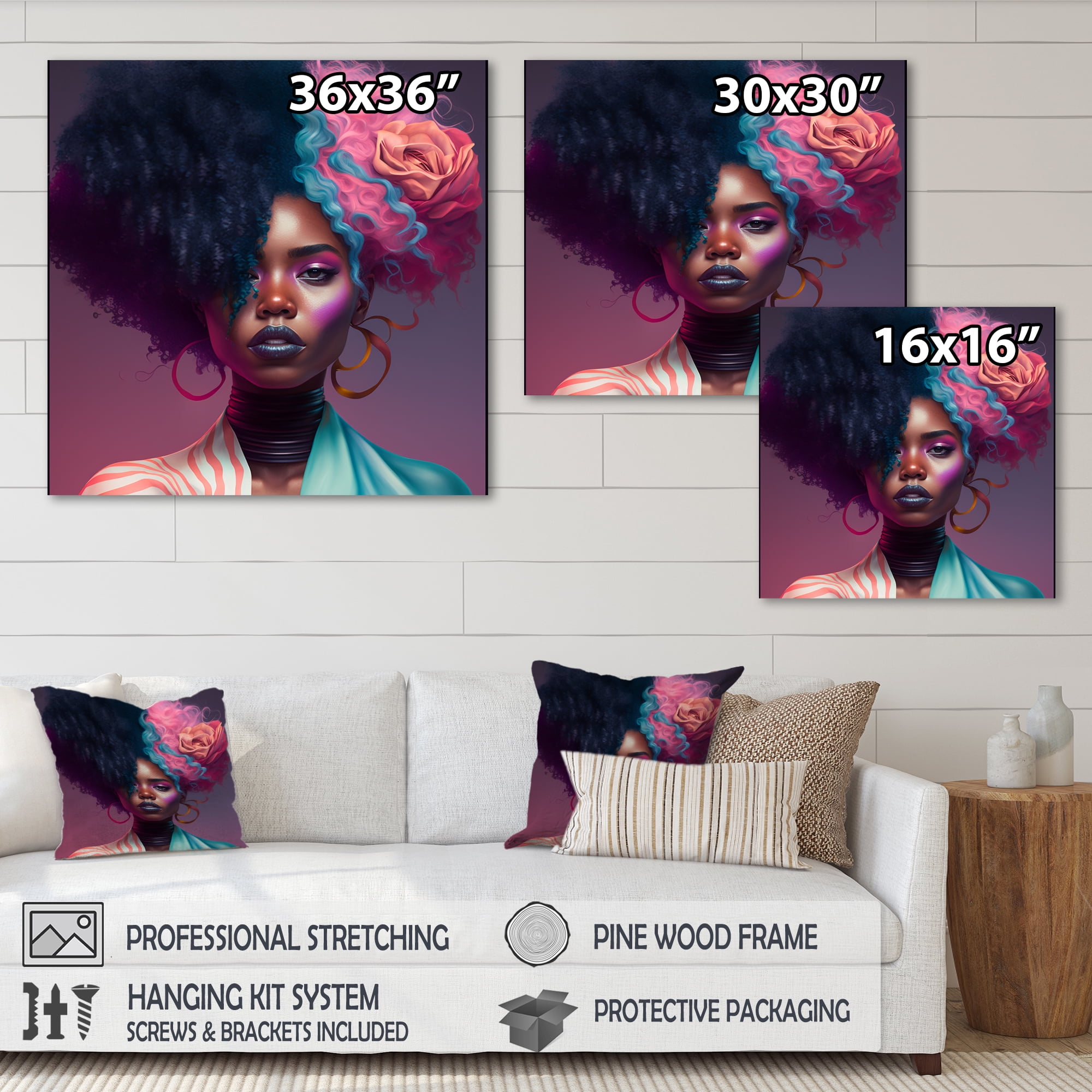 Designart Pink And Blue African American Woman I Canvas Wall Art