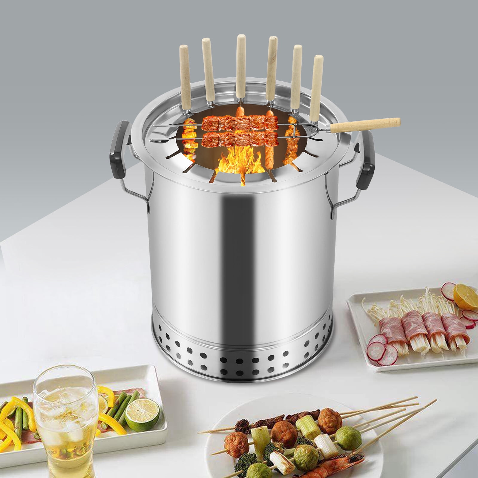 Portable Charcoal Grill, Compact Smokeless BBQ Charcoal Grill Stainless Steel Charcoal Kebab Grill, 360° All-Round Roasting BBQ Stove for Outdoor Cooking, Camping, Picnic, Backyard (16 Skewers)
